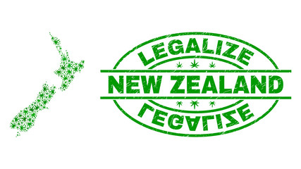 Vector cannabis New Zealand map mosaic and grunge textured Legalize stamp seal. Concept with green weed leaves. Concept for cannabis legalize campaign.