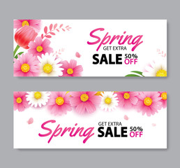 Spring sale cover banner with blooming flowers background template. Design for advertising, flyers, posters, brochure, invitation, voucher discount.