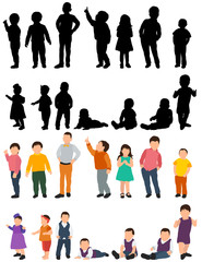 isolated, collection, set of kids, flat style, silhouette