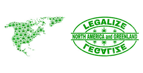 Vector cannabis North America and Greenland map collage and grunge textured Legalize stamp seal. Concept with green weed leaves. Concept for cannabis legalize campaign.