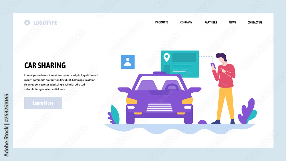 Poster vector web site design template. car sharing. get your car by smart phone app. landing page concepts
