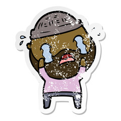 distressed sticker of a cartoon bearded man crying