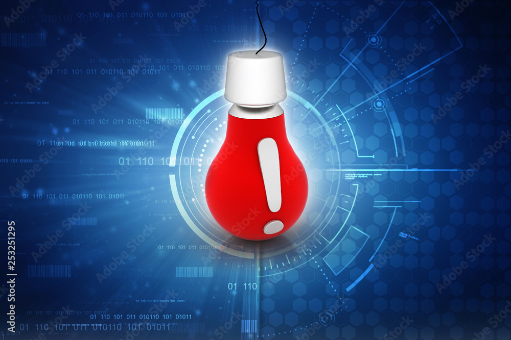 Poster 3d rendering idea concept, exclamation mark with light bulb