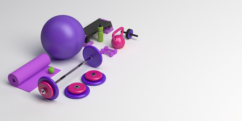 3d illustration of the concept of female training workout equipment . Fitness ball, weight, dumbbells, water bottle, apples