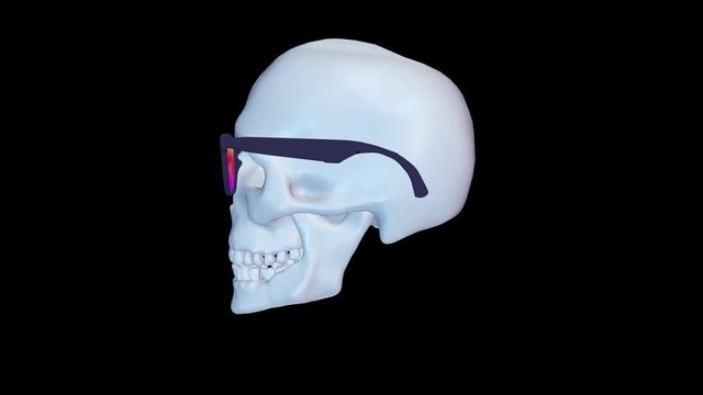 Abstract background with rotating colorful skull in sunglasses. Vivid creative composition for art projects. Digital 3d animation.