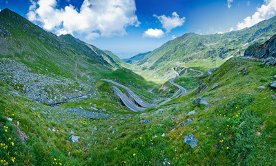 Naklejka premium Transfagarasan pass in summer. Crossing Carpathian mountains in Romania, Transfagarasan is one of the most spectacular mountain roads in the world.