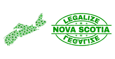 Vector cannabis Nova Scotia Province map mosaic and grunge textured Legalize stamp seal. Concept with green weed leaves. Concept for cannabis legalize campaign.