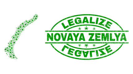 Vector cannabis Novaya Zemlya Islands map collage and grunge textured Legalize stamp seal. Concept with green weed leaves. Concept for cannabis legalize campaign.
