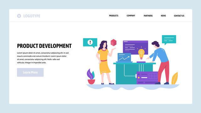 Vector web site design template. New product development, creatice idea. Team work in office. Landing page concepts for website and mobile development. Modern flat illustration.
