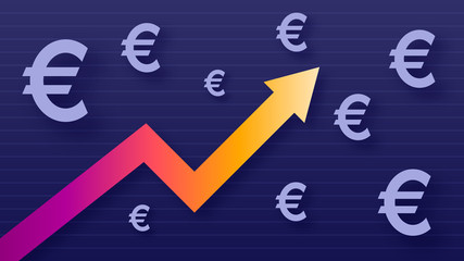 Graph show value growth of euro, modern trendy colors, gradient arrow and purple eur symbols