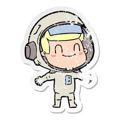 distressed sticker of a happy cartoon astronaut man