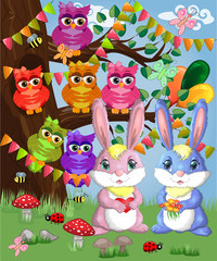 Two cute bunny in a forest glade. Boy and girl, concept spring, love