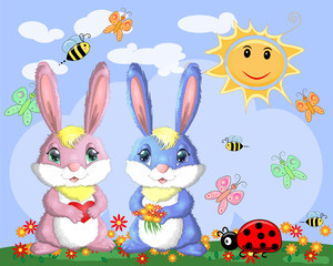 A pair of bunnies, a boy and a girl in a clearing near the rainbow. Spring, postcard