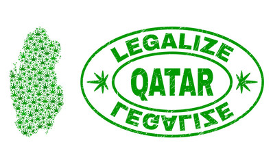 Vector cannabis Qatar map mosaic and grunge textured Legalize stamp seal. Concept with green weed leaves. Concept for cannabis legalize campaign. Vector Qatar map is composed with herbal leaves.