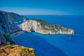 Navagio bay and Ship Wreck beach in summer. The famous natural landmark of Zakynthos, Greek island in the Ionian Sea