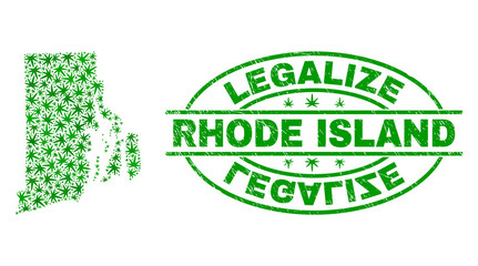 Vector cannabis Rhode Island State map mosaic and grunge textured Legalize stamp seal. Concept with green weed leaves. Template for cannabis legalize campaign.