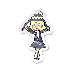 retro distressed sticker of a cartoon woman wearing winter hat