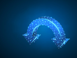 Two joined arrows pointing down symbol. Wireframe digital 3d illustration. Low poly download, downtrend button concept on blue background. Abstract Vector polygonal neon sign. RGB color mode