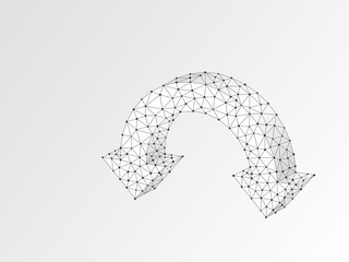 Two joined arrows pointing down symbol. Wireframe digital 3d illustration. Low poly download, downtrend button concept on white background. Abstract Vector polygonal origami style sign. RGB color mode