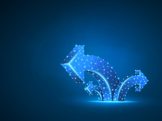 Arrow growth, success, team work sign. Three way direction wireframe digital 3d illustration. Low poly colaboration concept with lines, dots on blue background. Abstract Raster neon polygonal sign RGB