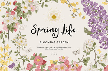 Spring life. Vintage vector botanical illustration. Colorful