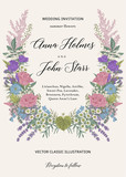 Wedding invitation. Summer wedding. Flower wreath. Vector vintage illustration.