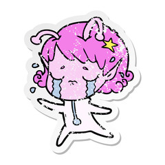 distressed sticker of a cartoon crying alien girl