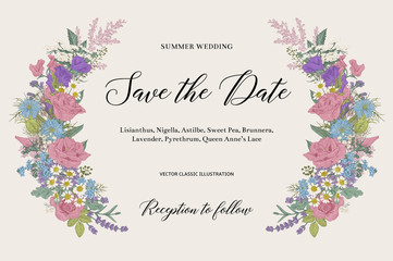 Wedding invitation. Summer wedding. Floral element. Vector vintage illustration.