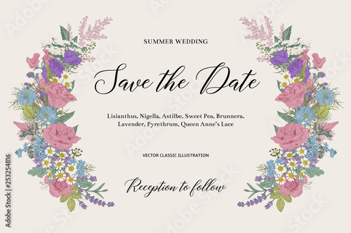 Wedding invitation. Summer wedding. Floral element. Vector vintage illustration.