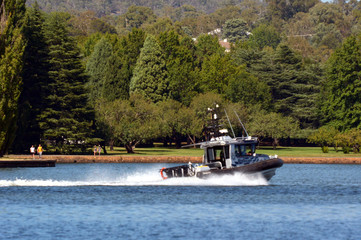Fototapeta premium Australian Federal Police boat in Canberra Australia Capital Territory