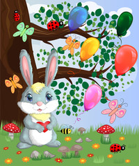 Bunny with a heart in a forest glade. Spring, postcard
