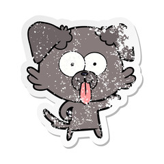 distressed sticker of a cartoon dog with tongue sticking out