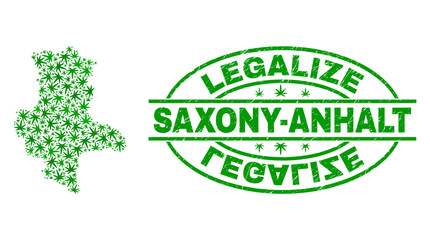 Vector cannabis Saxony-Anhalt Land map mosaic and grunge textured Legalize stamp seal. Concept with green weed leaves. Concept for cannabis legalize campaign.