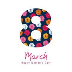 Greeting card with March 8. International Women's Day. 8 shape with spring flowers. Vector illustration.