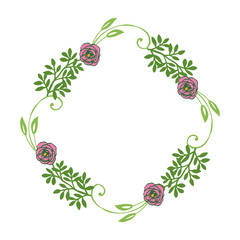 Vector illustration frame wreath pink and green leaves for greeting card hand drawn