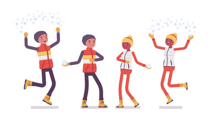 Young happy man, woman enjoy winter outdoor activities, fun on ski resort, having active holiday, wintertime tourism and recreation. Vector flat style cartoon illustration isolated on white background