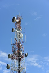 Wireless Communication Antenna With bright sky.Telecommunication tower with antennas with blue sky.