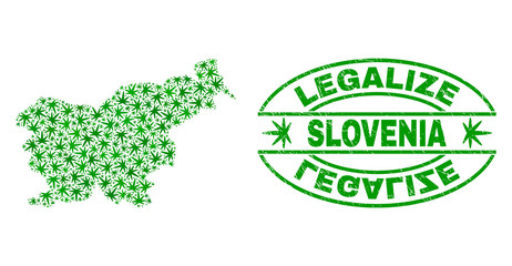 Vector marijuana Slovenia map mosaic and grunge textured Legalize stamp seal. Concept with green weed leaves. Concept for cannabis legalize campaign.