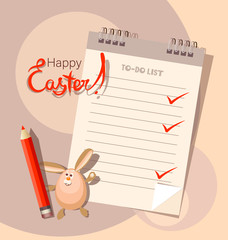 Easter to-do list and fun bunny. Happy easter. Funny character with a pencil and place for text.