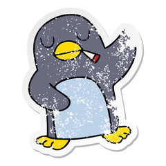 distressed sticker of a quirky hand drawn cartoon penguin