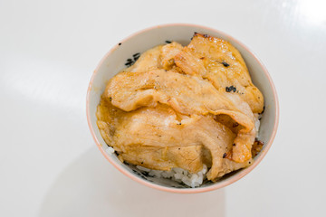 Close up shot of traditional Japanese style breakfast (Fried pork rice)