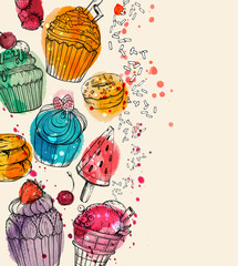 Background with yummy, colorful watercolor ice cream and cupcakes .