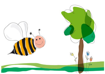 bee on flowers, vector illustration drawing made by a child style. Spring concept