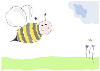 bee on flowers, vector illustration drawing made by a child style. Spring concept