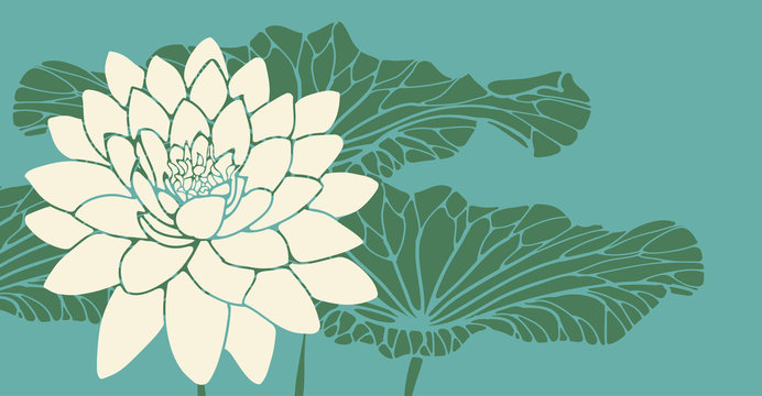 lotus flower with leaves card in green shades