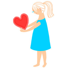 Blonde girl hair with red heart in her hands. Blue short dress, long hair, ponytail. Friendly smiling face. Cartoon character, flat for design, poster, print, cards, banner, birthday greetings, cover