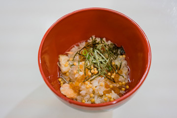 Close up shot of traditional Japanese style breakfast (Salmon Chazuke)