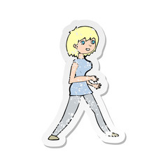 retro distressed sticker of a cartoon woman walking