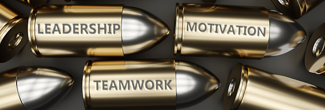 Business leadership, motivation, teamwork, the importance of a leadership symbolized as bullets with words to picture unique role of motivation and teamwork in a corporation, 3d illustration