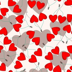 Heart shaped cherries, hand drawn vector seamless pattern. Colorful pattern elements isolated on white background. 